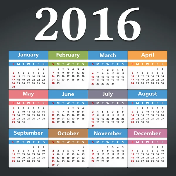 2016 Calendario Ilustración — Archivo Imágenes Vectoriales