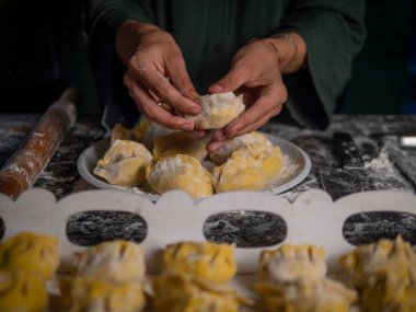 Kadın elleri mutfak masasında etli hamur köfteleri yontuyor. Bir dilim kıyma ve hamur dilimi ile yetişkin bir kadının ellerine yakın çekim. Ev yapımı etli börek yapma süreci. Ev yapımı.