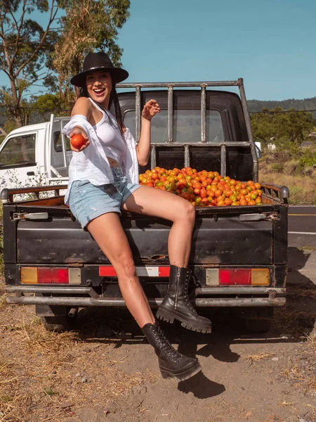 Mladá Žena Farmář Sklízel Rajčata Pickupu — Stock fotografie