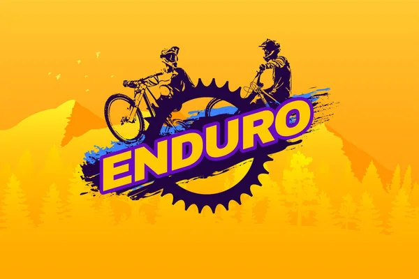 Enduro dağ bisiklet logosu şablonu. Biniciler ve bisiklet zinciri silueti olan tipografi tasarımı. Tişört, logo, baskı, damga ya da tee için kavram.
