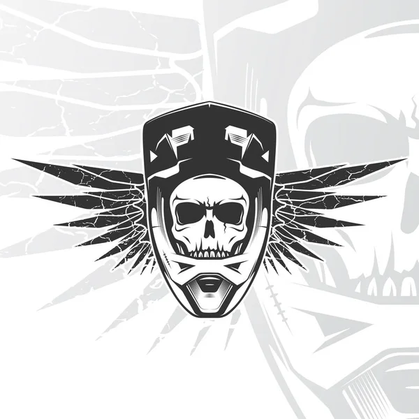 Skull biker with full face helmet. Moto sports emblem. MTB, BMX, Motocross, Downhill logo design. Vector illustration. —  Vetores de Stock