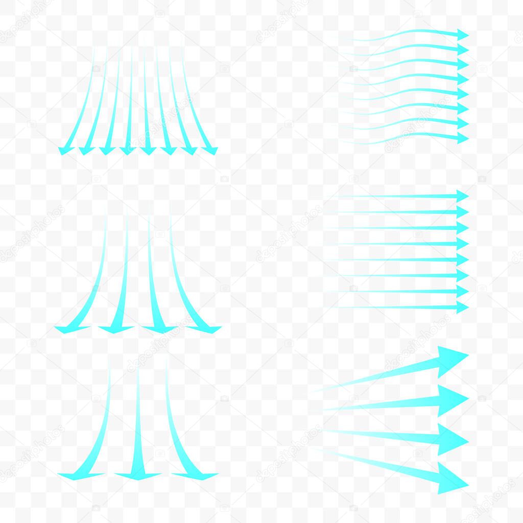 Set of blue arrow showing air flow. Blue stream of cold air from the conditioner. Clean fresh air flow. Wind direction. Isolated on transparent background.