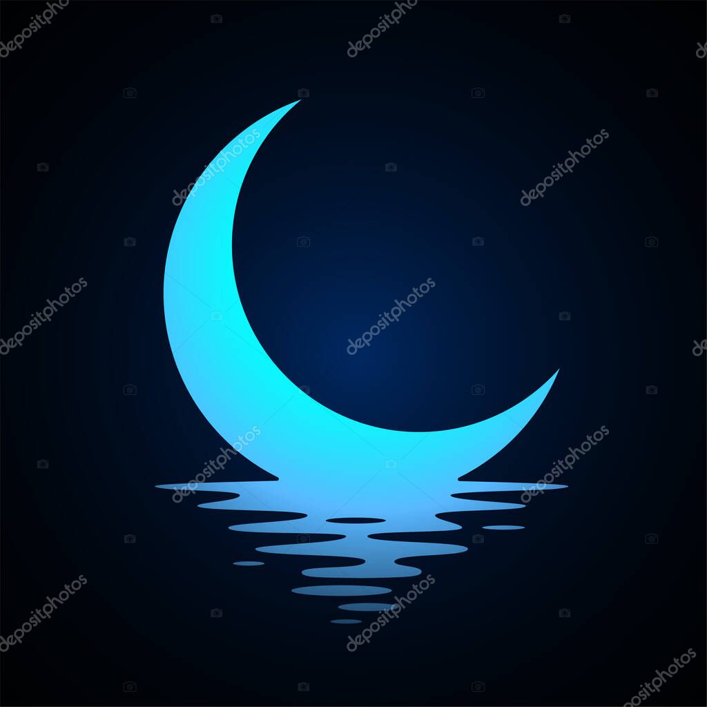 Moon logo design. Crescent above the water. Half moon over the sea. Vector illustration.