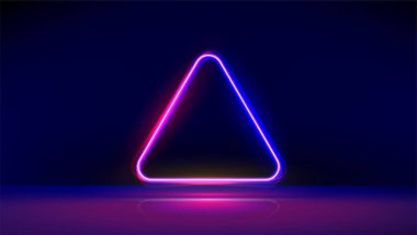Yuvarlak köşeli neon ışıklı üçgen, yerde yansımalar var. Metin için yeri olan modern neon ışıklar psikedelik arkaplan. Görüntü.