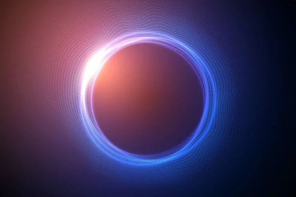 Ragyogó körök a mélységélességű pontokból. Fekete lyuk, gömb, kör. Zene, tudomány, technológiai részecskék háttér. — Stock Fotó