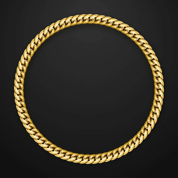 Vector realistic gold chain on black background. Space for text. Round gold jewelry frame. — Stock Vector