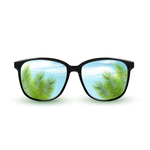 Lunettes de soleil noires avec reflet de la nature tropicale ciel avec des nuages. Isolé sur fond blanc. — Image vectorielle