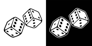İki yuvarlanan zar küpü. Beyaz ve siyah arkaplanda izole edilmiş altı kenarlı zar sembolü