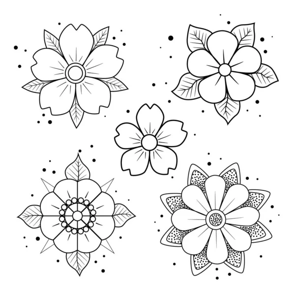 Régi Vágású Tetovált Virág Szett Kézzel Rajzolt Fekete Vázlat Virágzás — Stock Vector