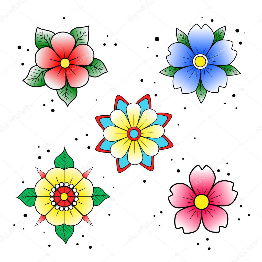 Old school tattoo flower set. Hand drawn black outline bright yellow cyan blue red inflorescence. Traditional classic sketch tattoo flash. Stock vector illustration isolated on white background