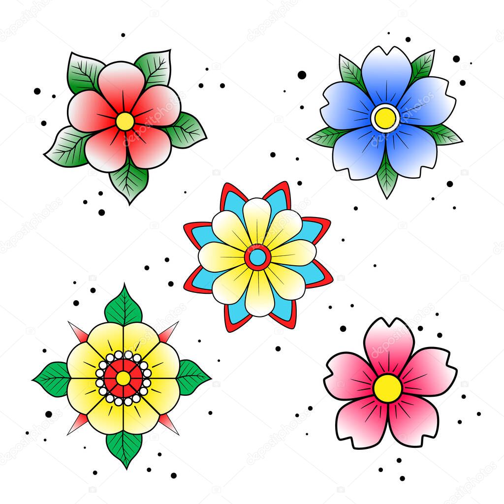Old school tattoo flower set. Hand drawn black outline bright yellow cyan blue red inflorescence. Traditional classic sketch tattoo flash. Stock vector illustration isolated on white background.