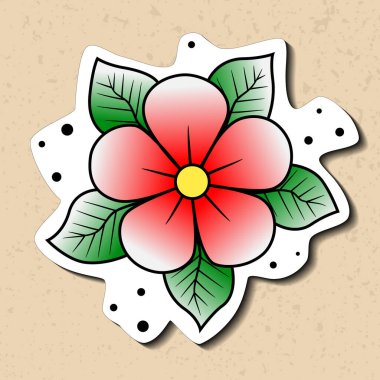 Eski moda dövmeli çiçek renkli çıkartma. El çizimi siyah, parlak pembe cilt rengi yeşil yapraklar. Geleneksel klasik dövme eskizi. Stok vektör illüstrasyonu beyaz arkaplanda izole edildi