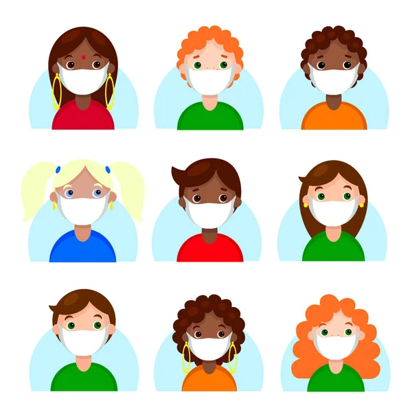 Multinationella människor avatarer i skyddande ansiktsmask set. Karaktärer med olika frisyrer användare online spel ikoner. Ny normal sjukvård. stock vektor platt tecknad illustration isolerad på vit — Stock vektor