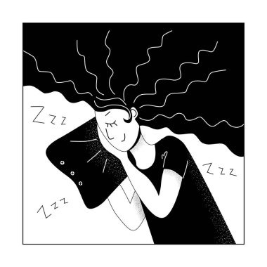 Yastığı ve eli yanağının altında uyuyan genç bir kadın. Huzur ve rahatlama kavramı. Web tasarımı için kız karakter. Sosyal medya kullanıcı simgesi için Avatar. Stok vektör çizimi izole edildi