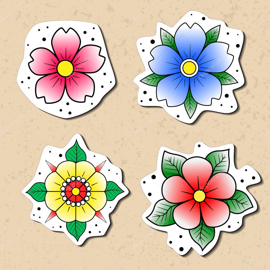 Vettoriale stockPacchetto adesivo fiore tatuaggio vecchia scuola. Disegnato  a mano contorno nero giallo brillante cyan blu infiorescenza rossa.  Tradizionale classico schizzo tatuaggio flash set. Illustrazione vettoriale  stock isolato su bianco di ..., image size:1024x1024