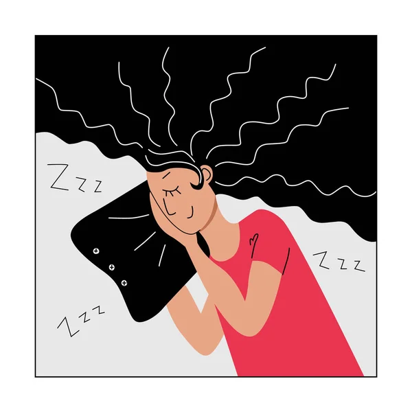 Κοιμωμένη νεαρή γυναίκα με μαξιλάρι και χέρι κάτω από το μάγουλό της. Έννοια της ηρεμίας και χαλάρωσης. Κορίτσι χαρακτήρα για web design. Avatar για το εικονίδιο χρήστη κοινωνικών μέσων. Απομονωμένη διανυσματική απεικόνιση αποθέματος — Διανυσματικό Αρχείο
