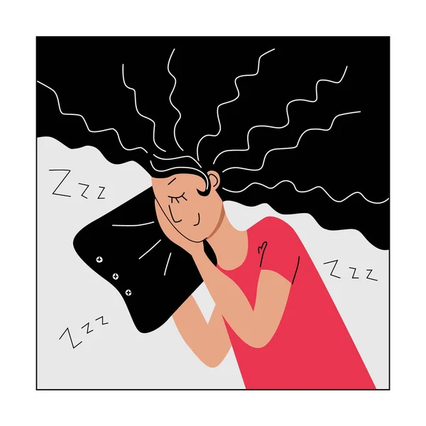 Mujer joven durmiente con almohada y mano debajo de la mejilla. Concepto de tranquilidad y relajación. Personaje de chica para diseño web. Avatar para el icono de usuario de redes sociales. Stock vector ilustración aislado — Vector de stock