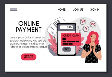Çevrimiçi ödeme başvurusu için web sitesi şablonu. Genç bayan, malların parasını kredi kartı ve akıllı telefonla ödemekten mutlu. Tıklama başına ödeme. Ui ux tasarım. İniş sayfası için stok düz konsept çizimi.