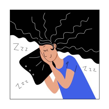 Uzun saçlı, uyuyan, gülümseyen genç bir kadın. Uyum mutluluk kavramı dinleniyor. Düz modern karakter web ui ux tasarımı. Sosyal medya avatar kullanıcı simgesi. Stok vektör çizimi izole edildi
