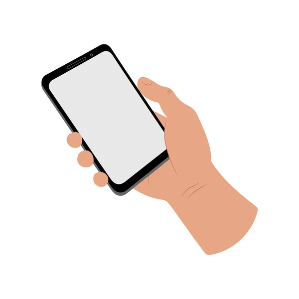 Mano humana sosteniendo un smartphone. Una persona usando un gadget de teléfono móvil. Lugar de pantalla en blanco para el espacio de copia de texto. Stock ilustración plana vectorial aislada sobre fondo blanco — Vector de stock