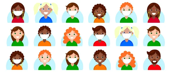 Multinational people avatars in protective face mask set. Characters with different hairstyles user online game icons. New normal health care. Stock vector flat cartoon illustration isolated on white — Stock Vector