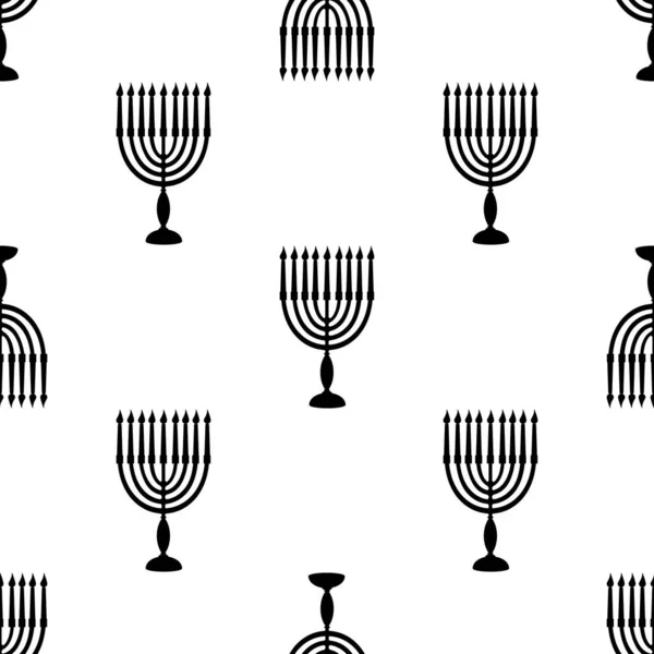 Chanuka symbol menorah ze świecami czarna sylwetka bezszwowy wzór. Tło żydowskiego festiwalu światła do owijania lub scrapbooking papierowy baner. Ilustracja płaska wektora — Wektor stockowy