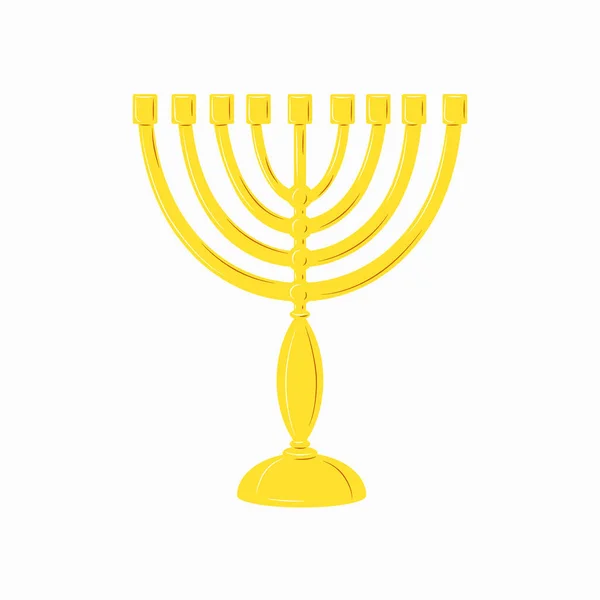 Hanukkah menorah golden yellow candlestick with 9 candles. Chanukah Jewish Holiday festival of lights symbol. Stock vector flat isolated element icon on a white background — Stock Vector