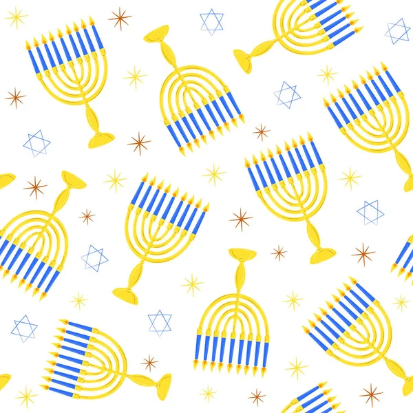 Hanukkah símbolos menorah com velas estrela de david sem costura padrão. Fundo desenhado à mão para o festival judaico de luz para embrulho ou scrapbooking banner de papel. Estoque vetor ilustração plana — Vetor de Stock