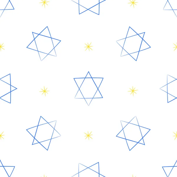 Symbole judaïque étoile de David motif sans couture. Religion israélienne judaïsme. Fond dessiné à la main pour l'emballage, papier scrapbooking. Illustration vectorielle de stock isolée sur fond blanc — Image vectorielle