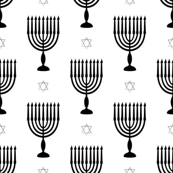 Hanukkah símbolos menorah com velas estrela de david sem costura padrão. Fundo de silhueta preta para festival judaico de luz para papel de embrulho ou scrapbooking. Estoque vetor ilustração plana — Vetor de Stock