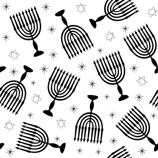 Hanukkah symbol menorah med ljus stjärna David svart siluett sömlöst mönster. Bakgrund för judisk ljusfestival för omslag eller scrapbooking pappersbanner. Lagervektor platt illustration — Stock vektor