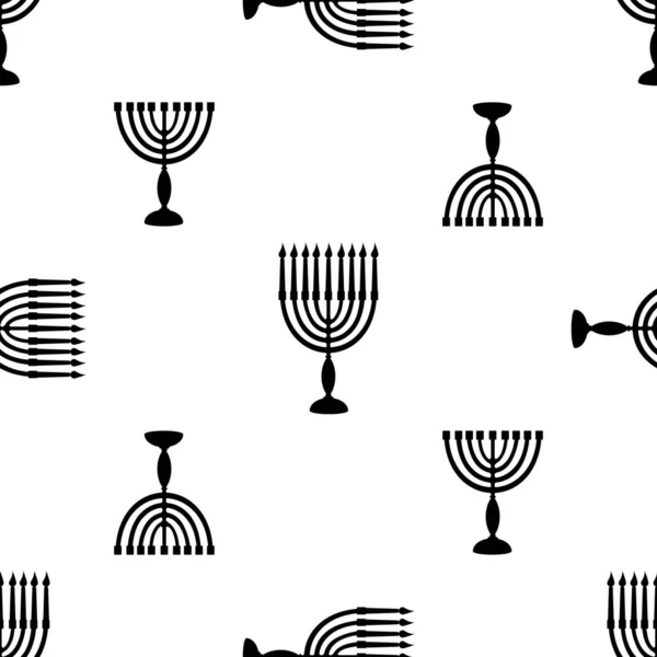 Menorah símbolo Hanukkah com velas silhueta preta sem costura padrão. Fundo para o festival judaico de luz para embrulhar ou scrapbooking banner papel. Estoque vetor ilustração plana — Vetor de Stock