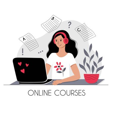 ui ux tasarımı için çevrimiçi kurs e öğrenme konsepti çizimi. Kulaklıklı, dizüstü bilgisayarlı, serbest çalışan genç bir kadın evde konuşma dili öğreniyor. Stok vektör çizimi izole edildi.