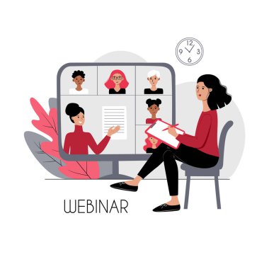 Eğitimsel Webinar, stok düz konsept çizimi dersi veriyor. Evde ders dinleyen genç bir kadın. Dijital sınıf öğretmeni ve öğrencisinin video görüntüleriyle bilgisayar monitörü. Online öğretim.