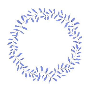 Narin mavi dallardan oluşan yuvarlak bir çelenk ve yazı için yeri olan yapraklar. Sosyal medya şablonu için el çizimi bitki klipsi. Stok vektör düz illüstrasyonu beyaz arkaplanda izole edildi.