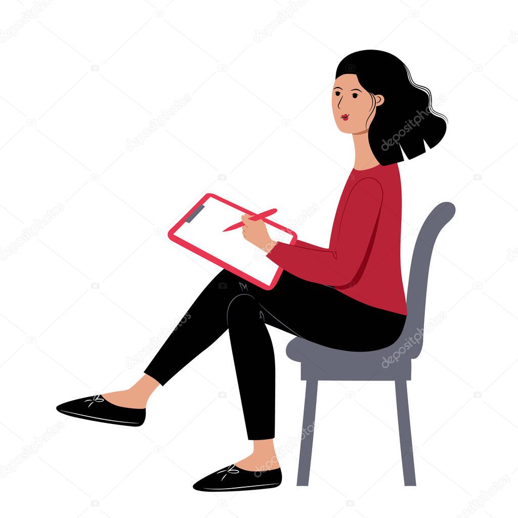 Young woman sits on a chair with a back and writes with a pen on paper. Left handed student character is learning study note taking. Stock vector flat modern illustration isolated on white background.