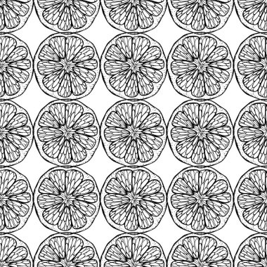 Citrus seamless pattern. Cut off  round piece segment of fruit in the skin. Mandarin lemon orange grapefruit lime. Hand drawn doodle outline black sketch. Stock vector illustration on white background. vector