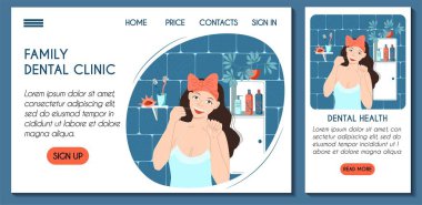 Web sitesi mobil uygulama şablonu. Günlük diş sağlığı rutini. Genç gülümseyen beyaz kadın dişlerini banyoda diş ipiyle temizliyor. İniş sayfası ui ux tasarımı için hisse senedi vektörü düz konsept çizimi. 