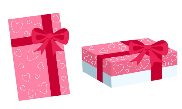 Set Gift Rectangular Boxes Top Side View Bows Pattern Hearts — Stock Vector