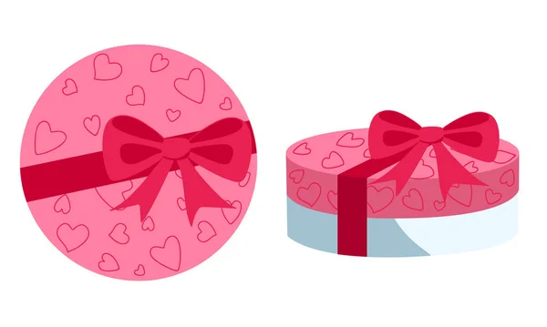 Set of gift round boxes top and side view with bows and a pattern of hearts for Valentines Day. Hand drawn pink color packaging. Stock vector illustration isolated on white background — Stock Vector