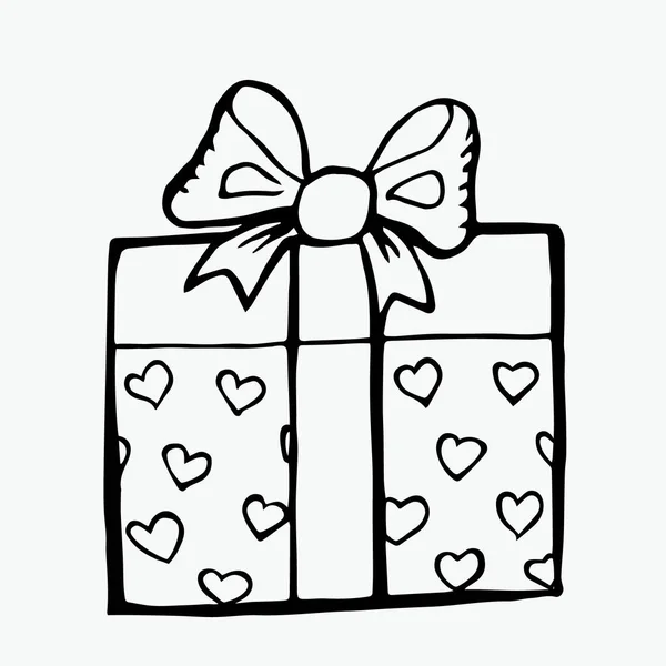 Gift box with a bow and a pattern of hearts for Valentines Day and birthday. Hand drawn doodle sketch outline element for banner design. Stock vector illustration isolated on white background Grafiche Vettoriali