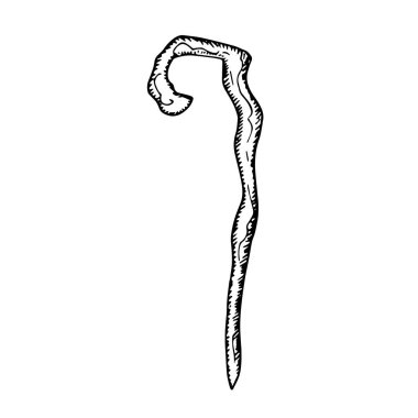 Büyücüler ahşap asa. Bükme çubuğu cadı sihirbazı Cadılar Bayramı kostümü. Elle çizilmiş siyah çizim ana hatlı dövme oyması. Stok vektör illüstrasyonu beyaz arkaplanda izole edildi