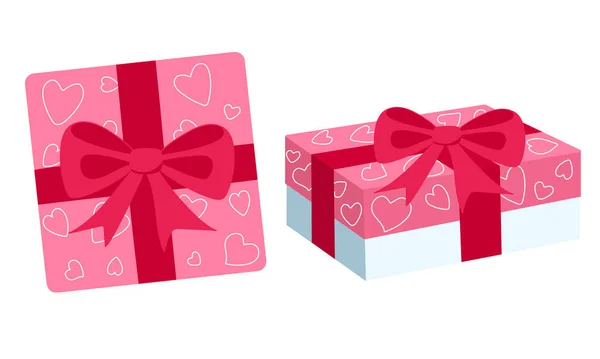 선물 상자의 윗면과 옆면을 볼 수있는 리본과 발렌티나의 날을 위한 하트 패턴이 있다. 손으로 그린 분홍색 포장. 흰색 배경에 분리 된 증권 벡터 삽화 — 스톡 벡터