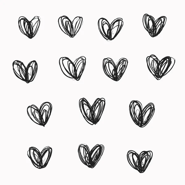 Conjunto Corazones Garabato Dibujados Mano Elementos Corazones Negros Para Decoración — Vector de stock