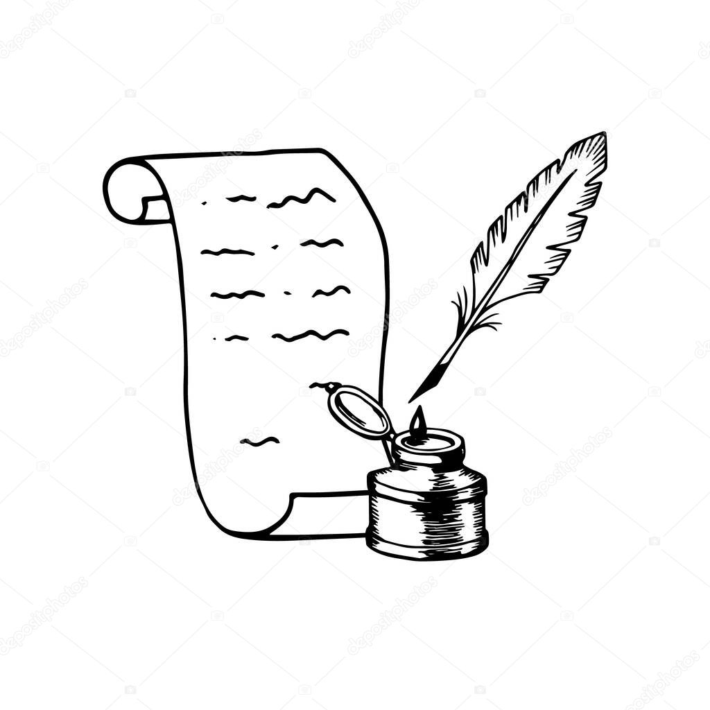 Paper scroll inkwell nib vintage ink pen. Literature poetry writing symbol. Hand drawn engraving black sketch outline. Ancient writing material. Stock vector illustration isolated on white background.