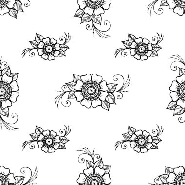 Hint tarzında kusursuz çiçek deseni. Mehndi Henna dövmeli el, tekstil paketleme kitabı için arka plan çizdi. Stok vektör illüstrasyonu beyaz arkaplanda izole edildi.