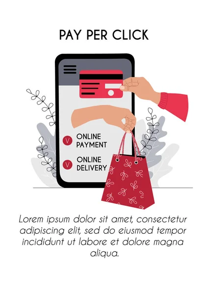 Online betaling en levering verticale poster brochure flyer met kopieerruimte. Winkelen vanuit huis concept. Hand met creditcard betalen met smartphone en boodschappentas. Voorraadvector platte illustratie. — Stockvector