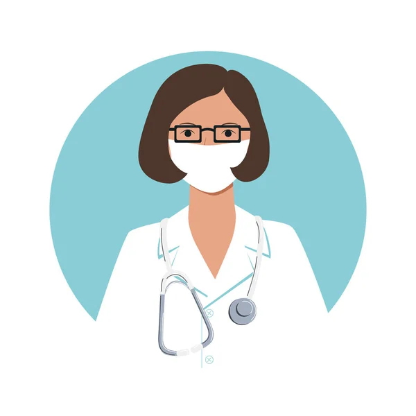 Medico professionista infermiere medico specialista avatar per i social media gioco sito web. Ritratto di giovane donna in una veste protettiva viso maschera stetoscopio. Illustrazione piatta vettoriale stock isolata su bianco Illustrazione Stock