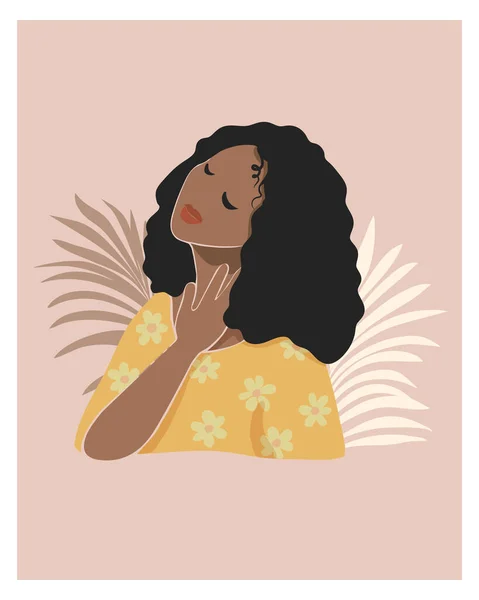Donkere huid schattig afro jonge vrouw portret. Schattig meisje in gele jurk met bloemen gesloten ogen. Achtergrond van palmbladeren. Boho muur kunst mode print poster. Voorraadvector platte illustratie — Stockvector