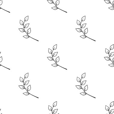 Yaprakları pürüzsüz olan ince dallar. El çizimi siyah bitkiler. Zeytinyağının mürekkep dalları. Stok vektör illüstrasyonu beyaz arkaplanda izole edildi